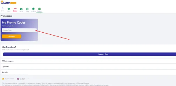 valorbet bonus code