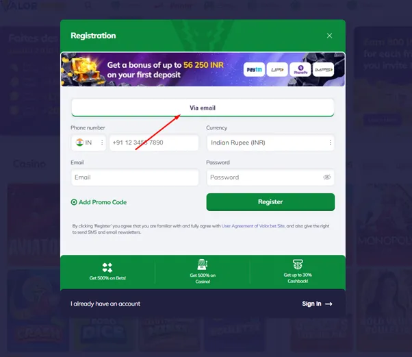 email registration valorbet