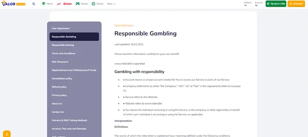 responsible gambling valor casino